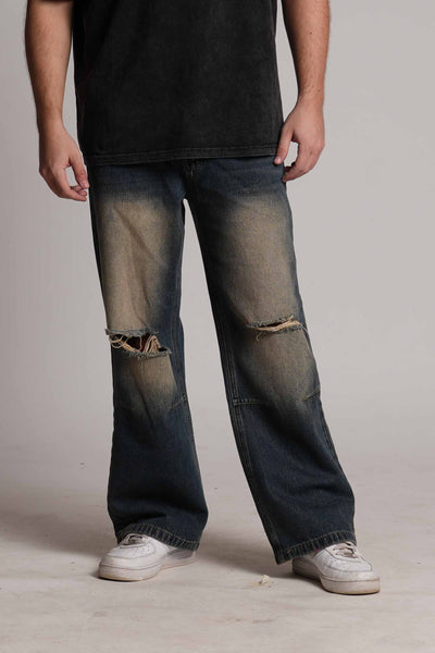 GREEN WASHED RIPPED BAGGY VALKYRE JEANS