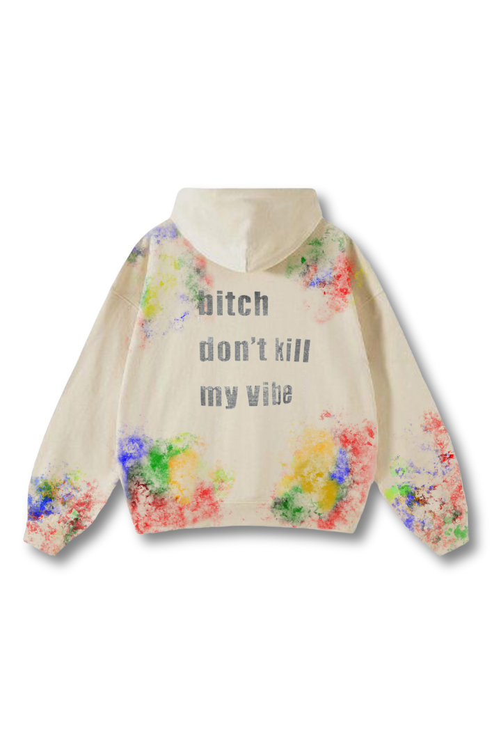 'BITCH DON'T KILL MY VIBE' RHINESTONE VALKYRE CREAM HOODIE