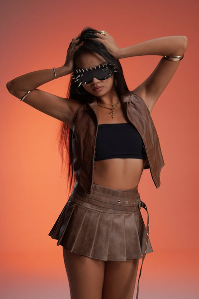 BROWN LEATHER PLEATED VALKYRE SKIRT
