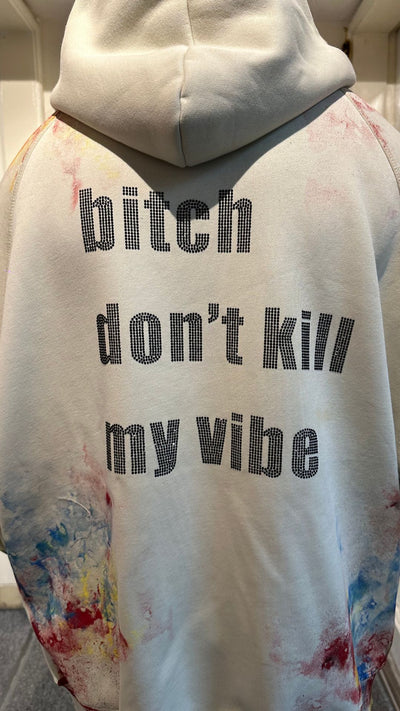 'BITCH DON'T KILL MY VIBE' RHINESTONE VALKYRE CREAM HOODIE