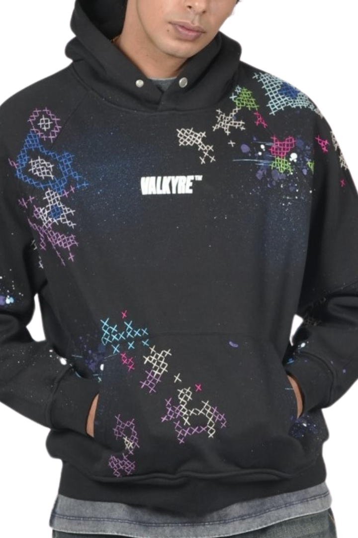 MOSIAC BURST HAND EMBROIDERED VALKYRE BLACK HOODIE