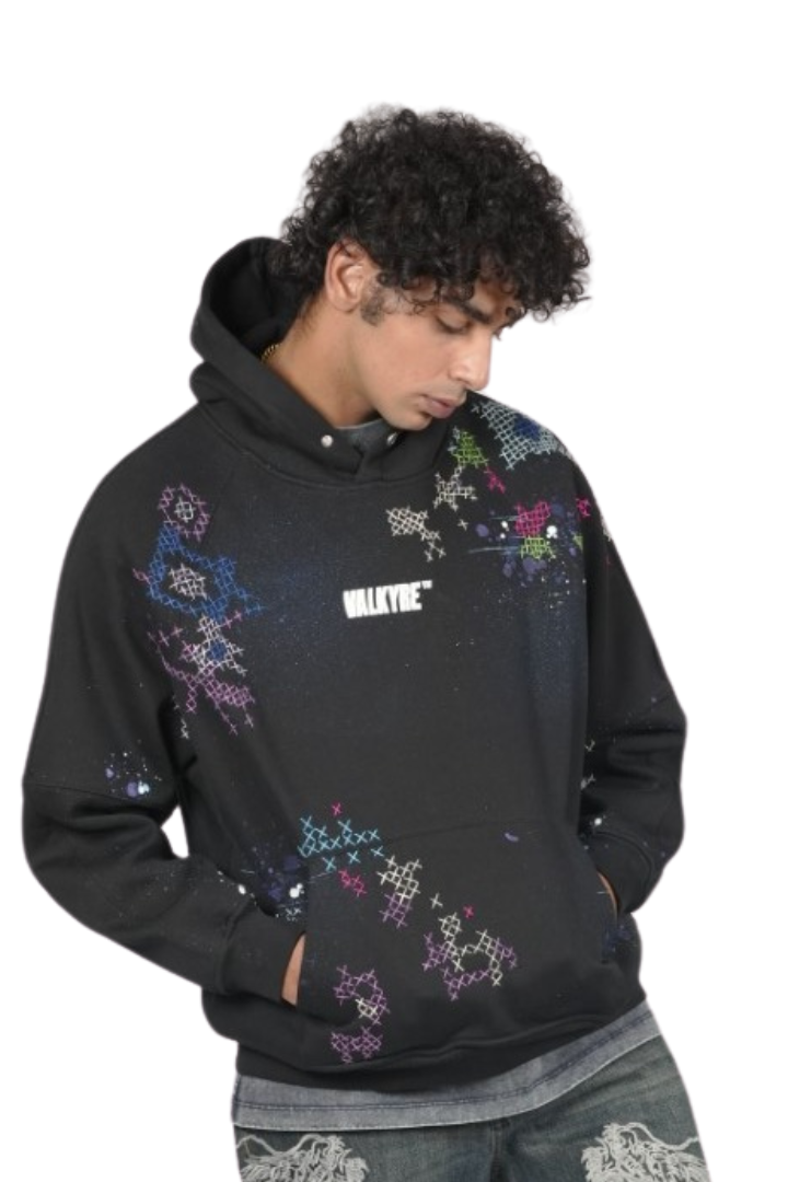 MOSIAC BURST HAND EMBROIDERED VALKYRE BLACK HOODIE