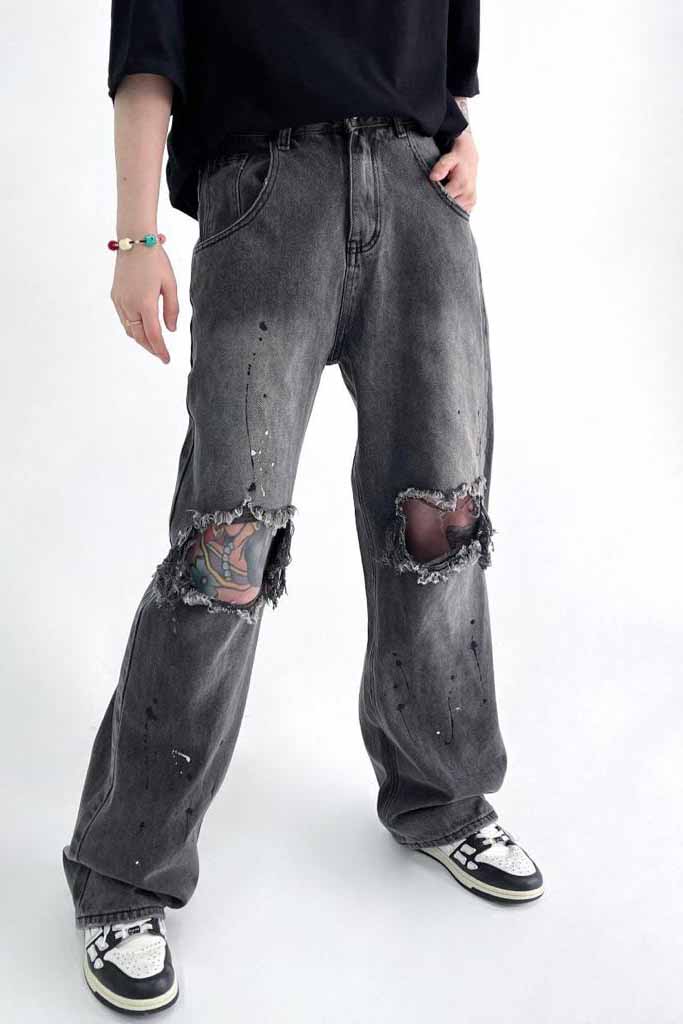 UNISEX - RIPPED CHARCOAL BAGGY VALKYRE JEANS