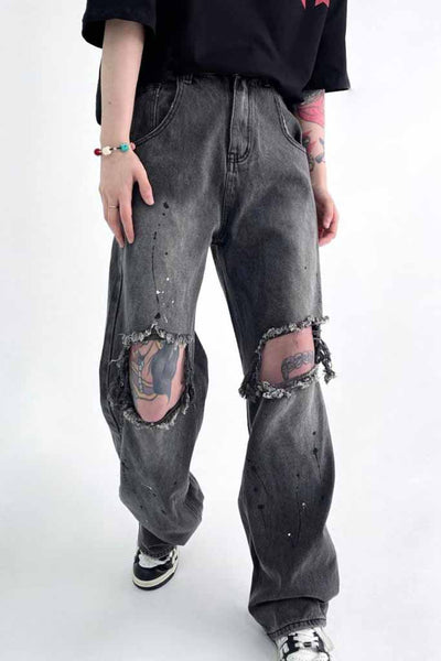 UNISEX - RIPPED CHARCOAL BAGGY VALKYRE JEANS