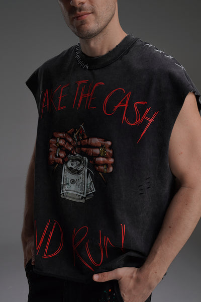 ‘TAKE THE CASH AND RUN’ VALKYRE SLEEVELESS TOP