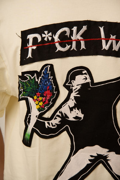 BANKSY 'F*CK WAR, MORE ART' OFF WHITE VALKYRE TSHIRT