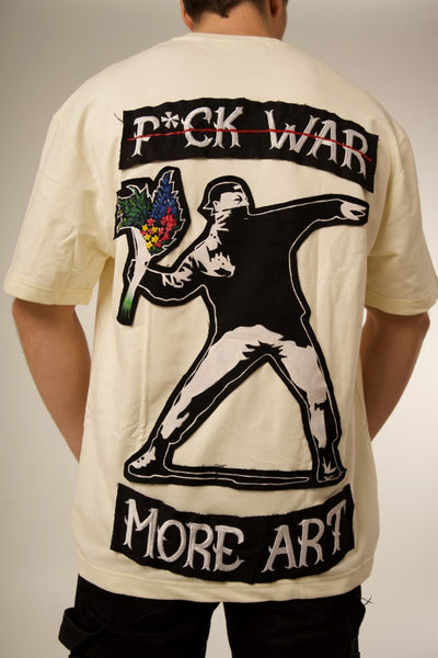 BANKSY 'F*CK WAR, MORE ART' OFF WHITE VALKYRE TSHIRT