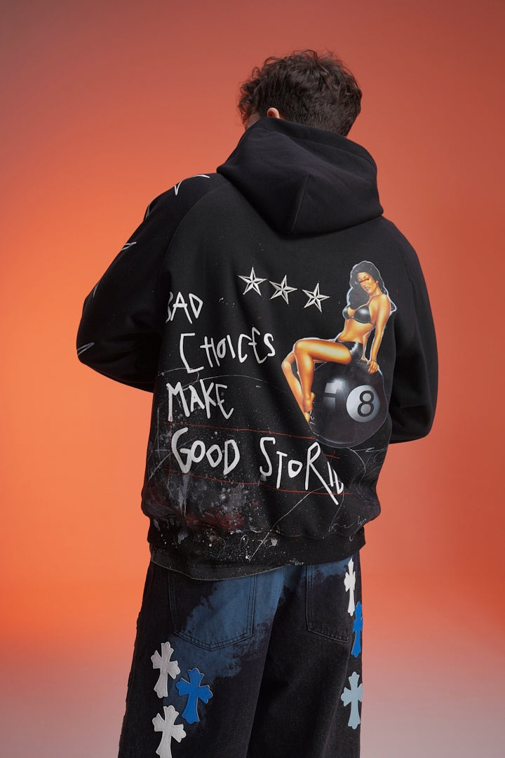 ‘BAD CHOICES MAKE GOOD STORIES’ VALKYRE HAND PAINTED HOODIE