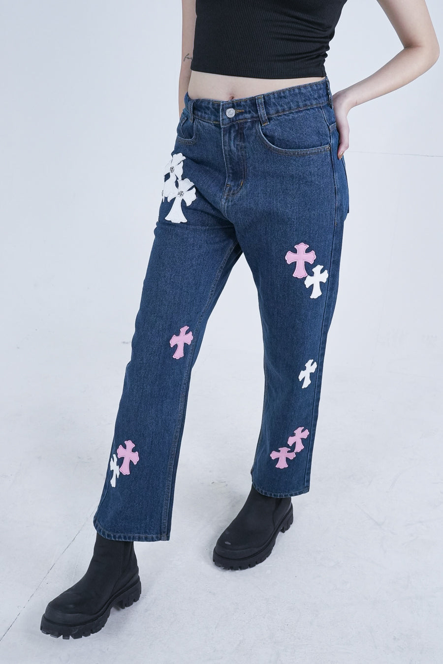 WHITE AND PINK LEATHER CROSS VALKYRE JEANS
