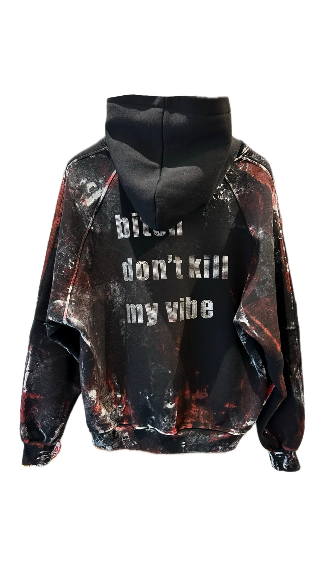 'BITCH DON'T KILL MY VIBE' RHINESTONE VALKYRE BLACK HOODIE