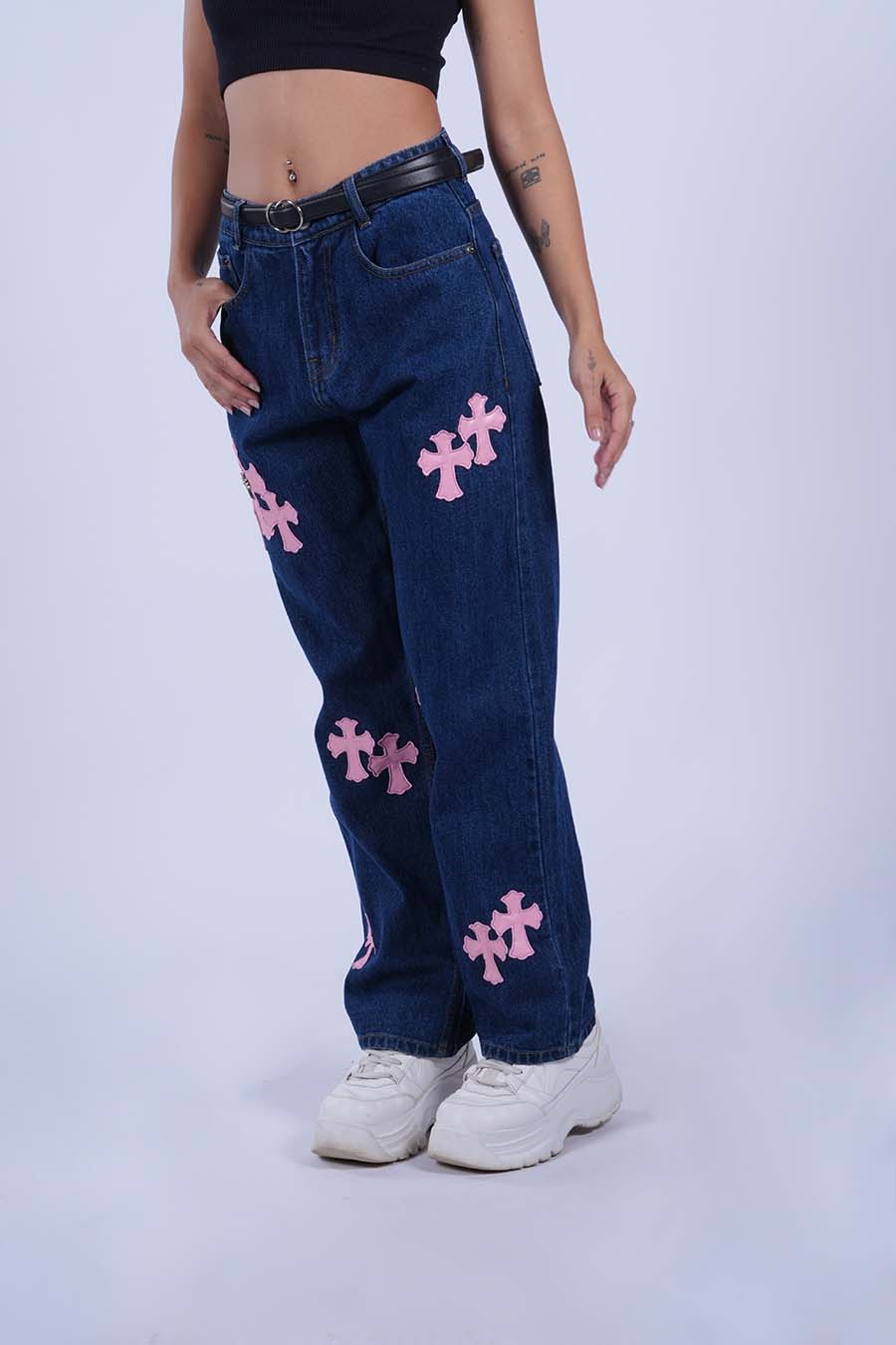 PINK LEATHER CROSS VALKYRE JEANS