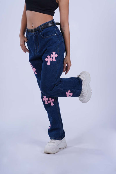 PINK LEATHER CROSS VALKYRE JEANS