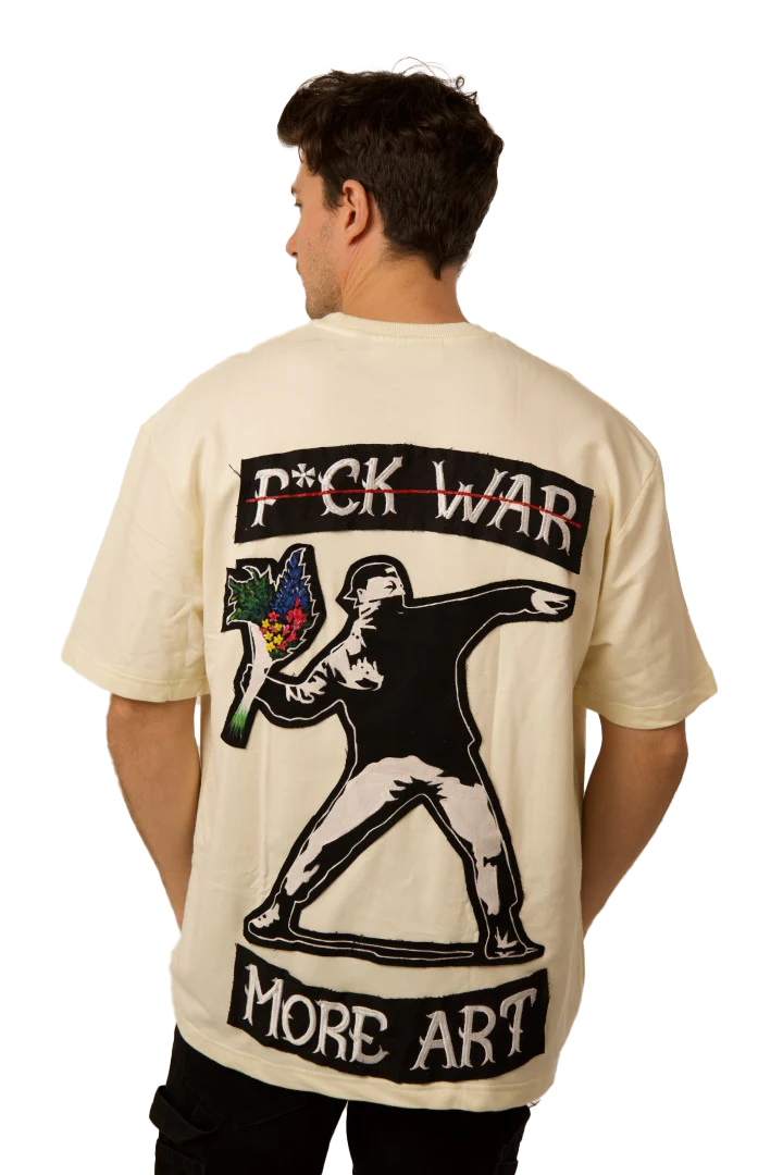 BANKSY 'F*CK WAR, MORE ART' OFF WHITE VALKYRE TSHIRT