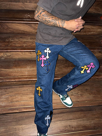 CROSSED OUT EMBROIDERED MULTI-COLOUR PATCHWORK VALKYRE JEANS